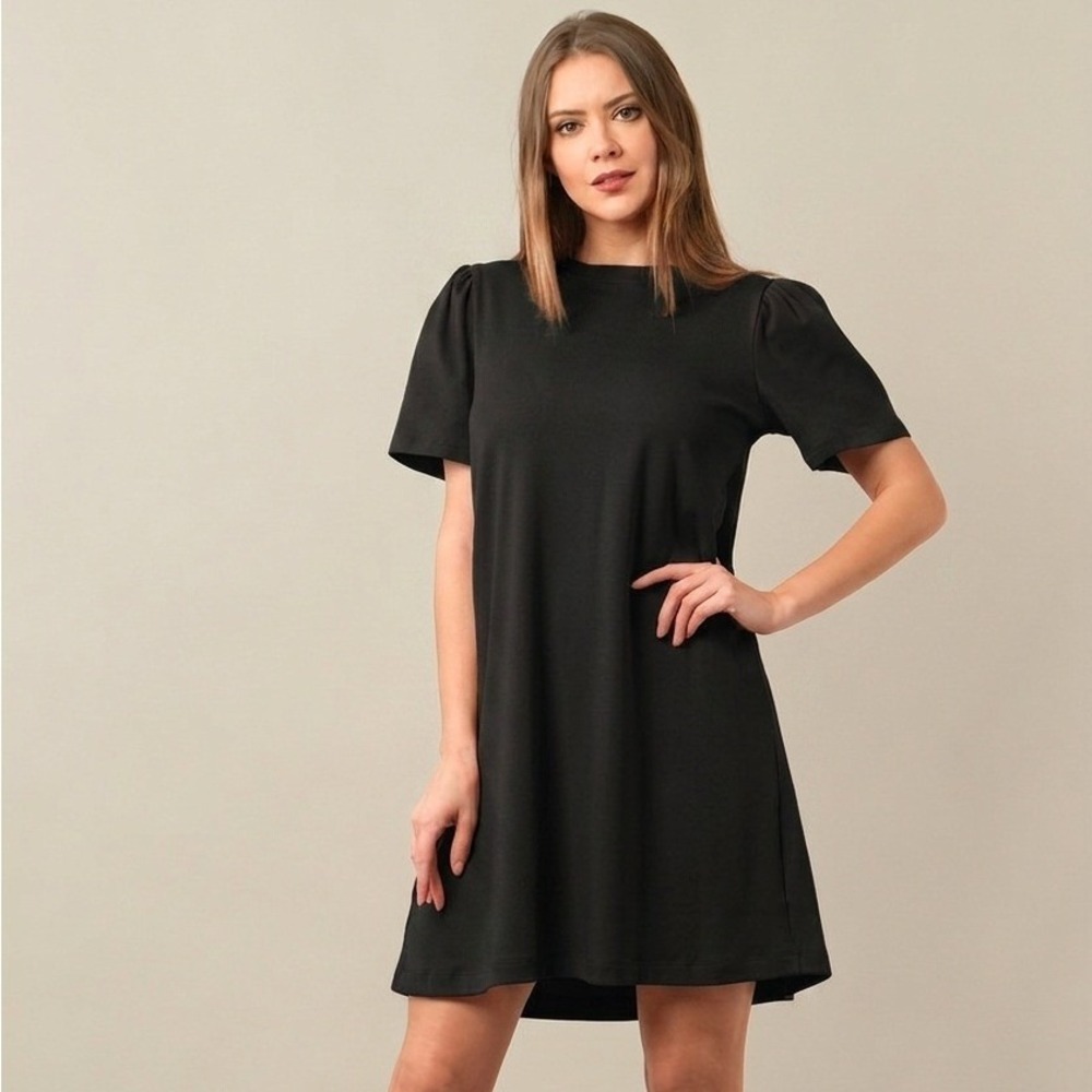 Necessitees Black T-Shirt Dress; Puff Short Sleeve, Cotton Blend, Made in USA